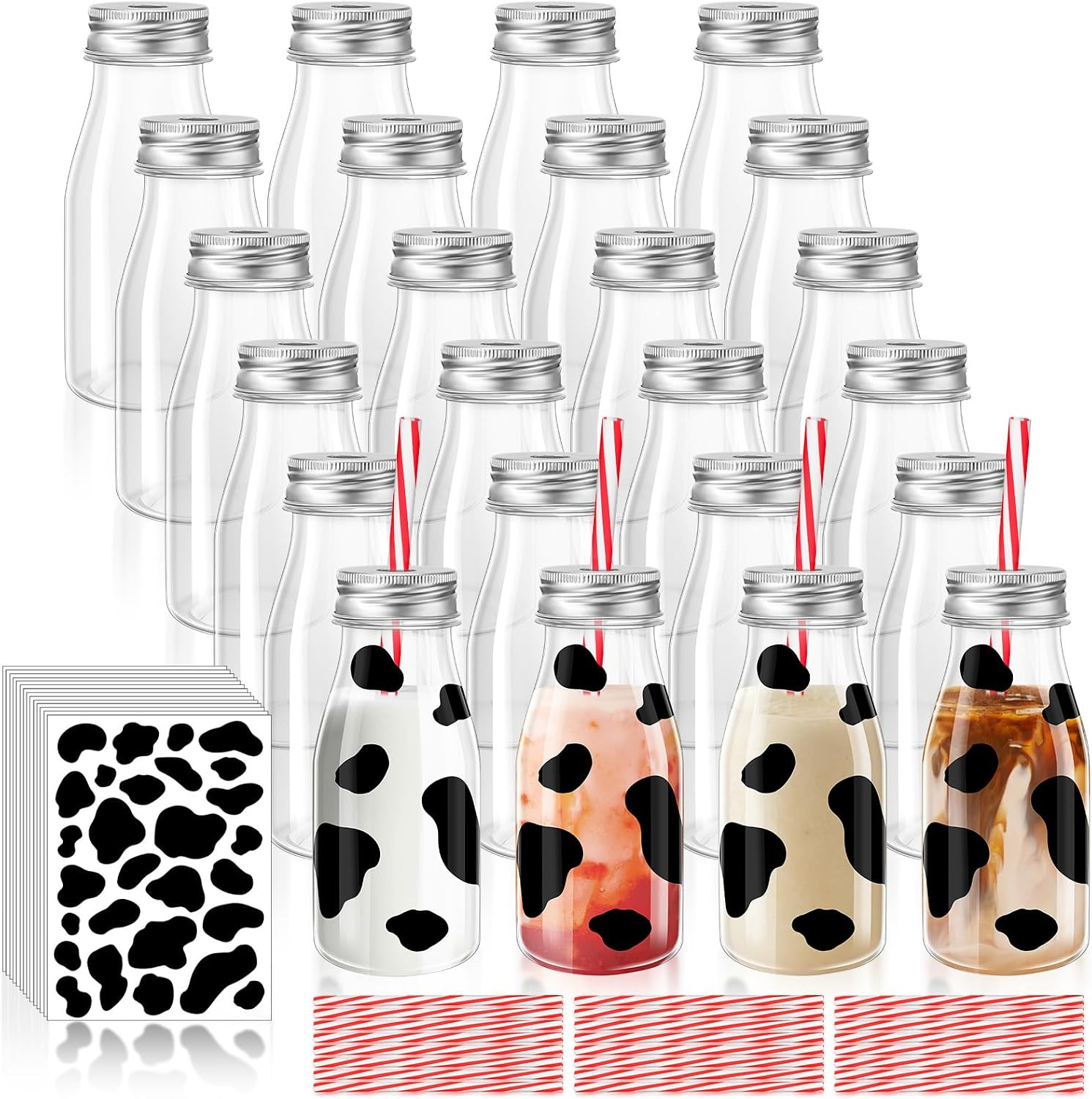 24 Set 7 oz Plastic Milk Bottles with Straws Silver Metal Lids Cow Print Milk Stickers Reusable J... | Amazon (US)