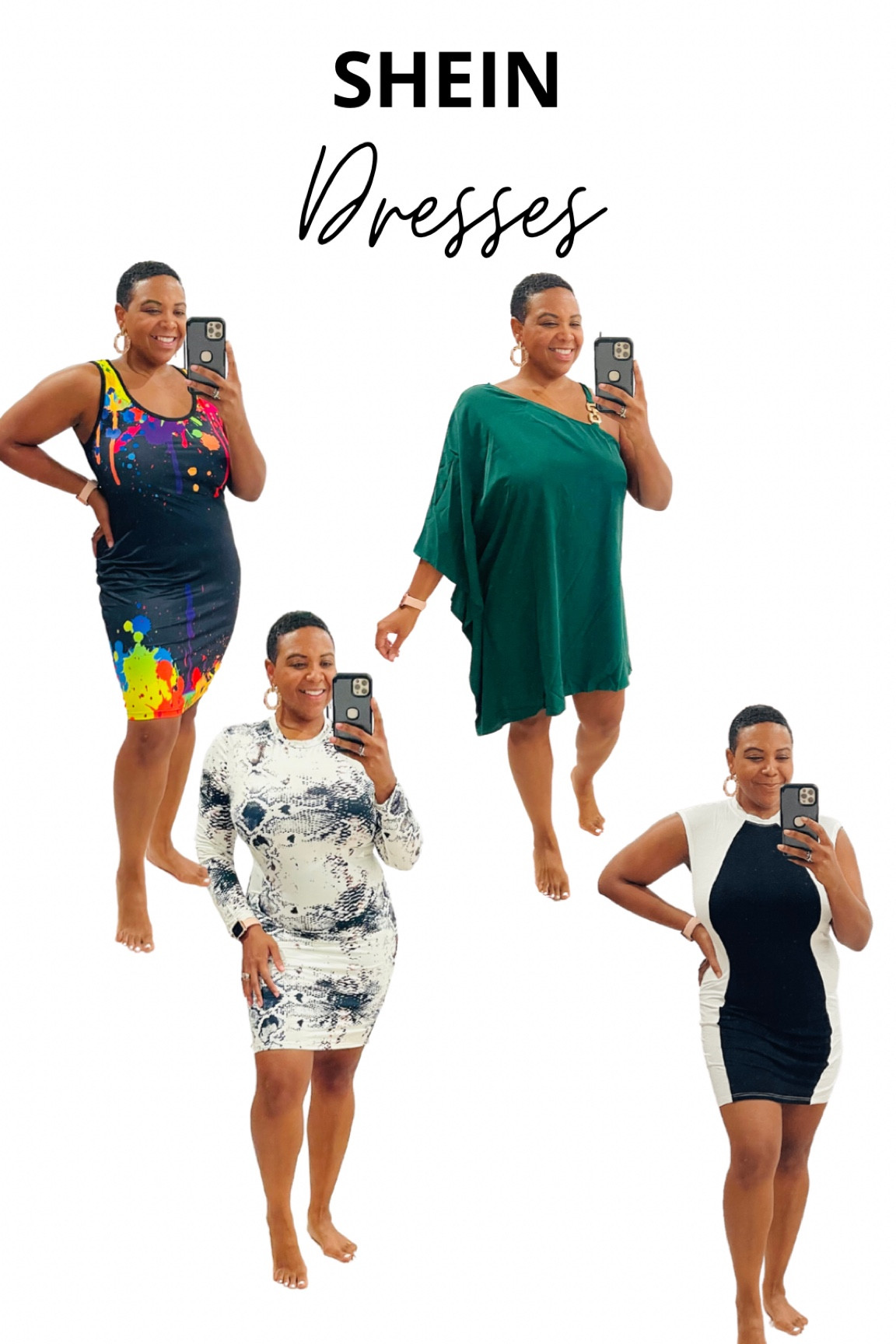 Green and snake skin dresses are a size 0XL (12). The paint splash and black and white color block dresses are a 1XL(14)