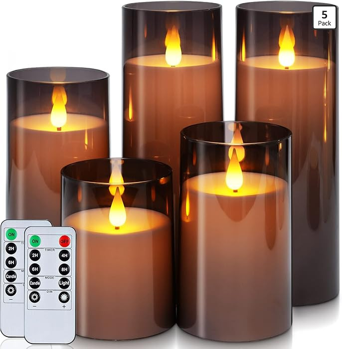 Homemory Gray Flickering Flameless Candles, Battery Operated Acrylic LED Pillar Candles with Remo... | Amazon (US)