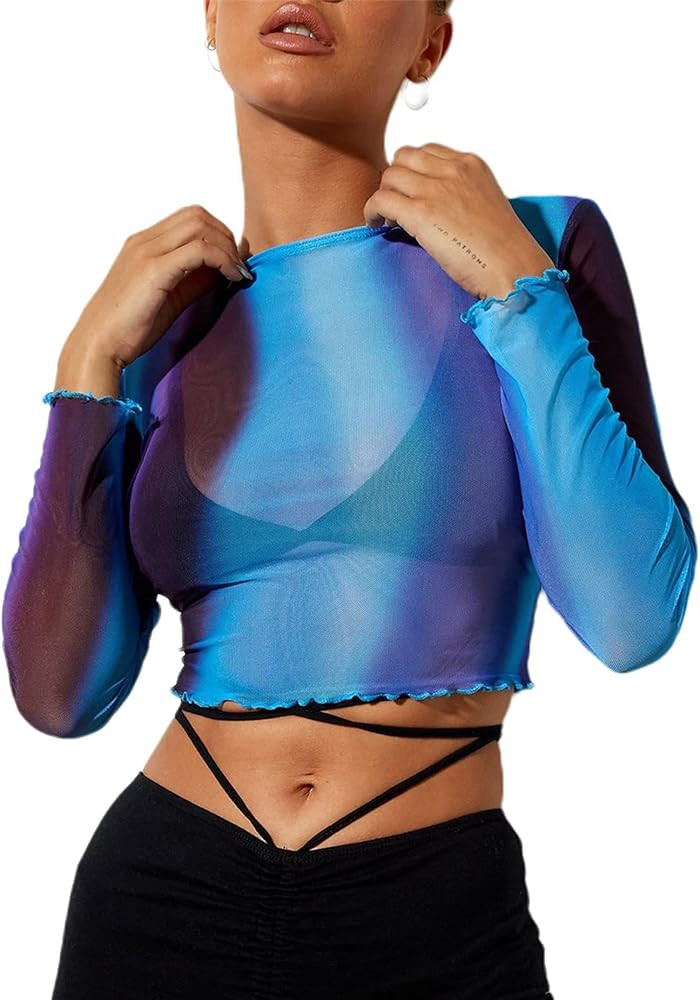 Remidoo Women's Mesh Tops Long Sleeve Crop Top Crewneck Tie Dye Cropped T Shirt | Amazon (US)