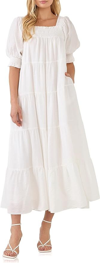 English Factory Women's Smocked Baby Doll Maxi Dress White | Amazon (US)