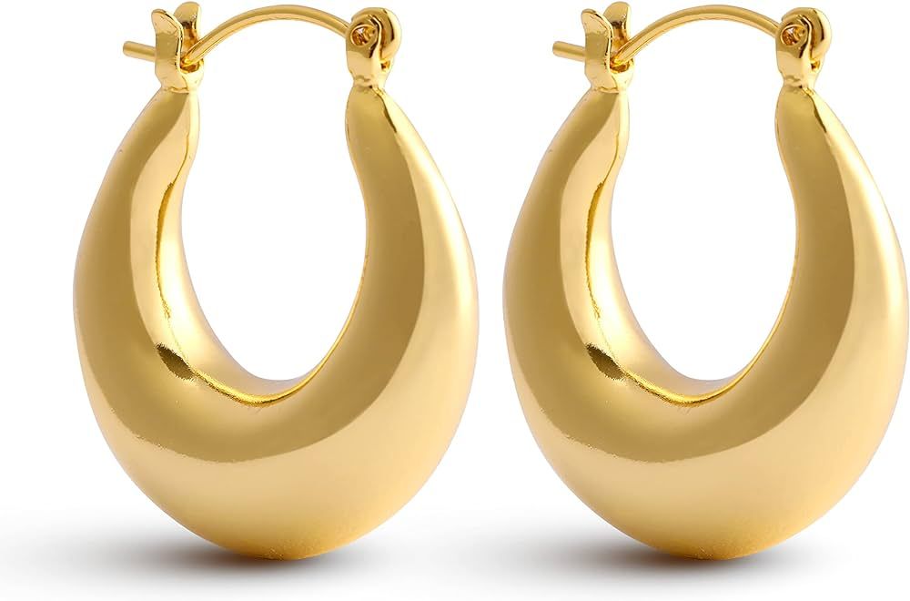 Gold Hoop Earrings Oval Dainty 14K Gold Filled Earrings 25mm Chunky Small Gold Hoops Earrings for... | Amazon (US)