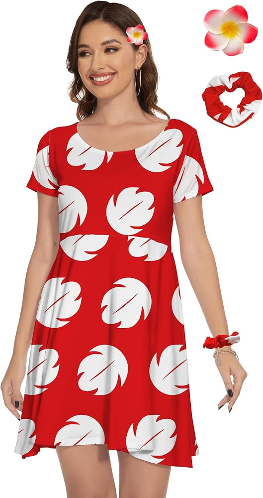 TMSD Halloween Women's Red Leaves Hawaiian Costume Dress with Hair Band and Hair Clip | Amazon (US)