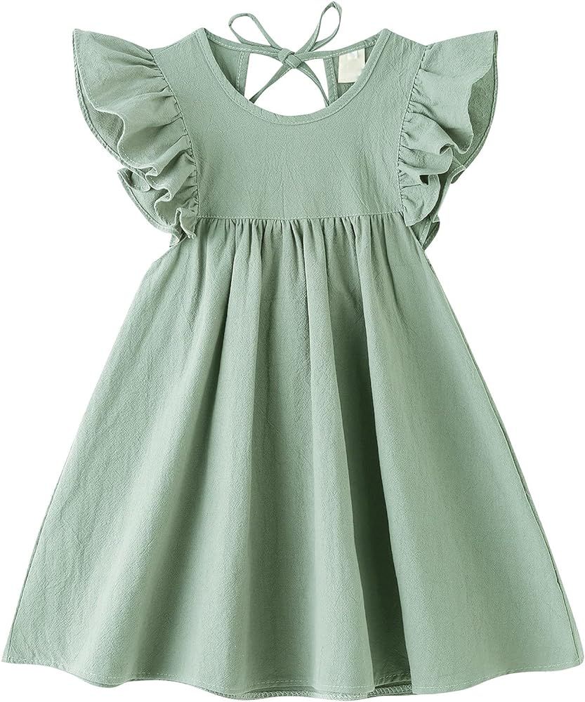 LYXIOF Toddler Baby Girl Cotton Linen Dress Ruffle Sleeve Halter Sleeveless Kids Casual Dresses | Amazon (US)