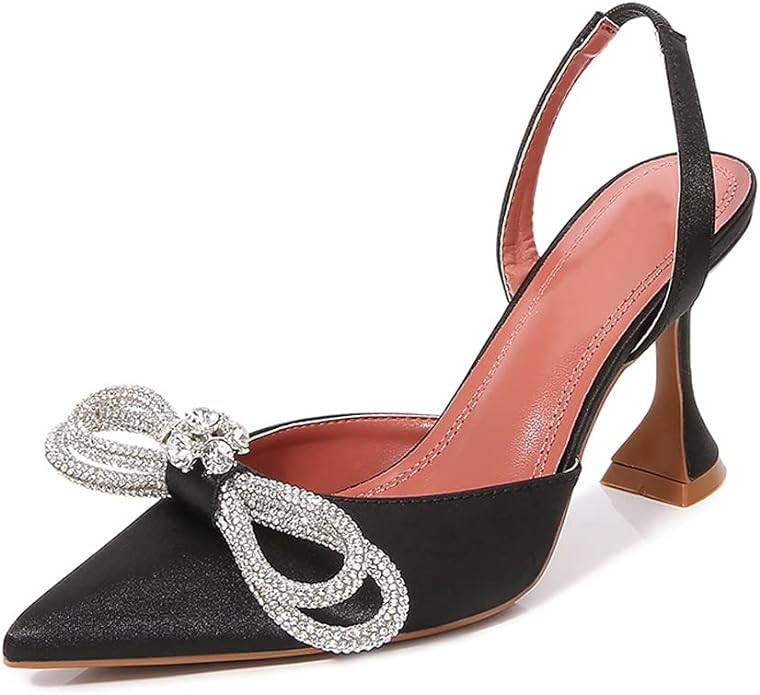 Arqa Satin Slingback Heels for Women Crystal Pointed Toe High Heels Wedding Bride Pump Shoes | Amazon (US)