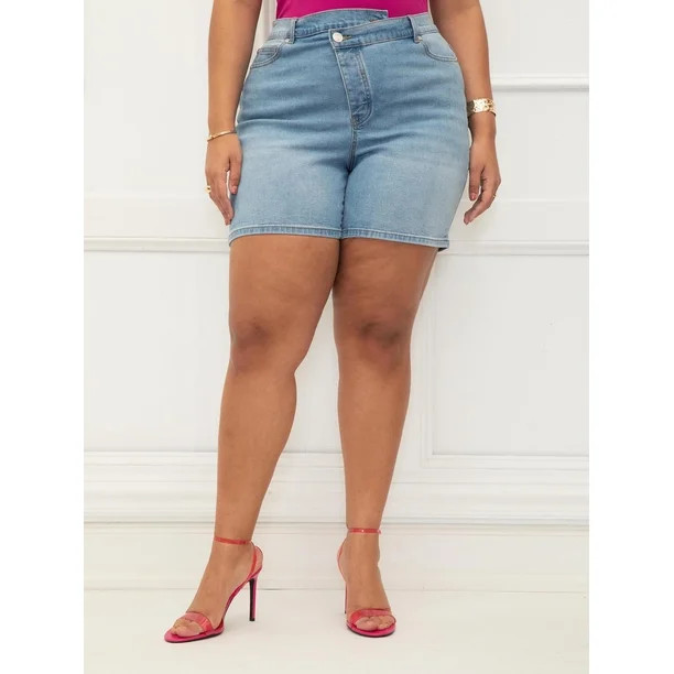 ELOQUII Elements Women's Plus Overlap Waistband Denim Shorts | Walmart (US)