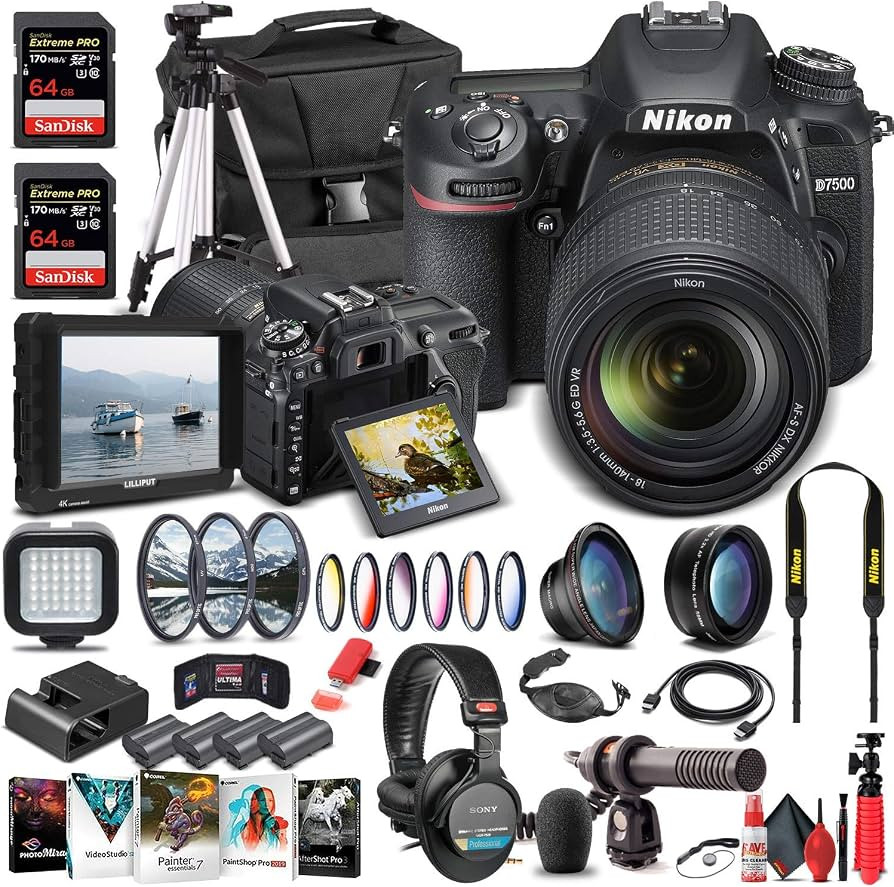Nikon D7500 DSLR Camera with 18-140mm Lens (1582) + 4K Monitor + Pro Headphones + Pro Mic + 2 x 6... | Amazon (US)