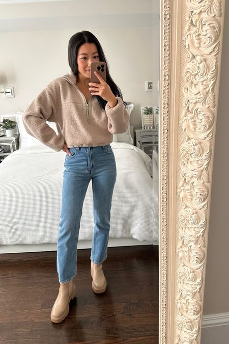 cozy casual winter outfit // straight leg jeans + cropped Sherpa pullover 

•A+F pullover sherpa xxs - also linked the same cut in a sweatshirt material which I have and love!
•A+F ultra high rise straight leg ankle jeans 24 short. Love these!
•Sam Edelman Laguna chunky Chelsea boots sz 5

#petite #straightjeans 

#LTKSeasonal #LTKshoecrush #LTKstyletip