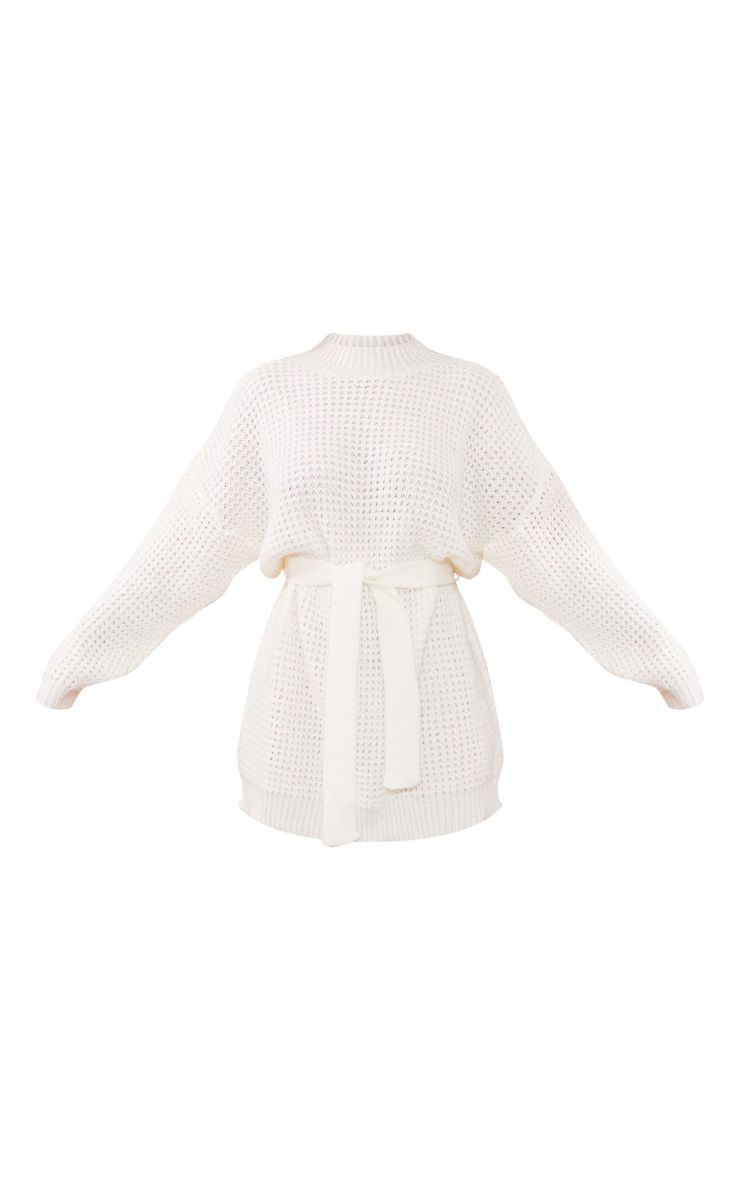 Cream Waffle Knitted Sweatshirt Dress | PrettyLittleThing US