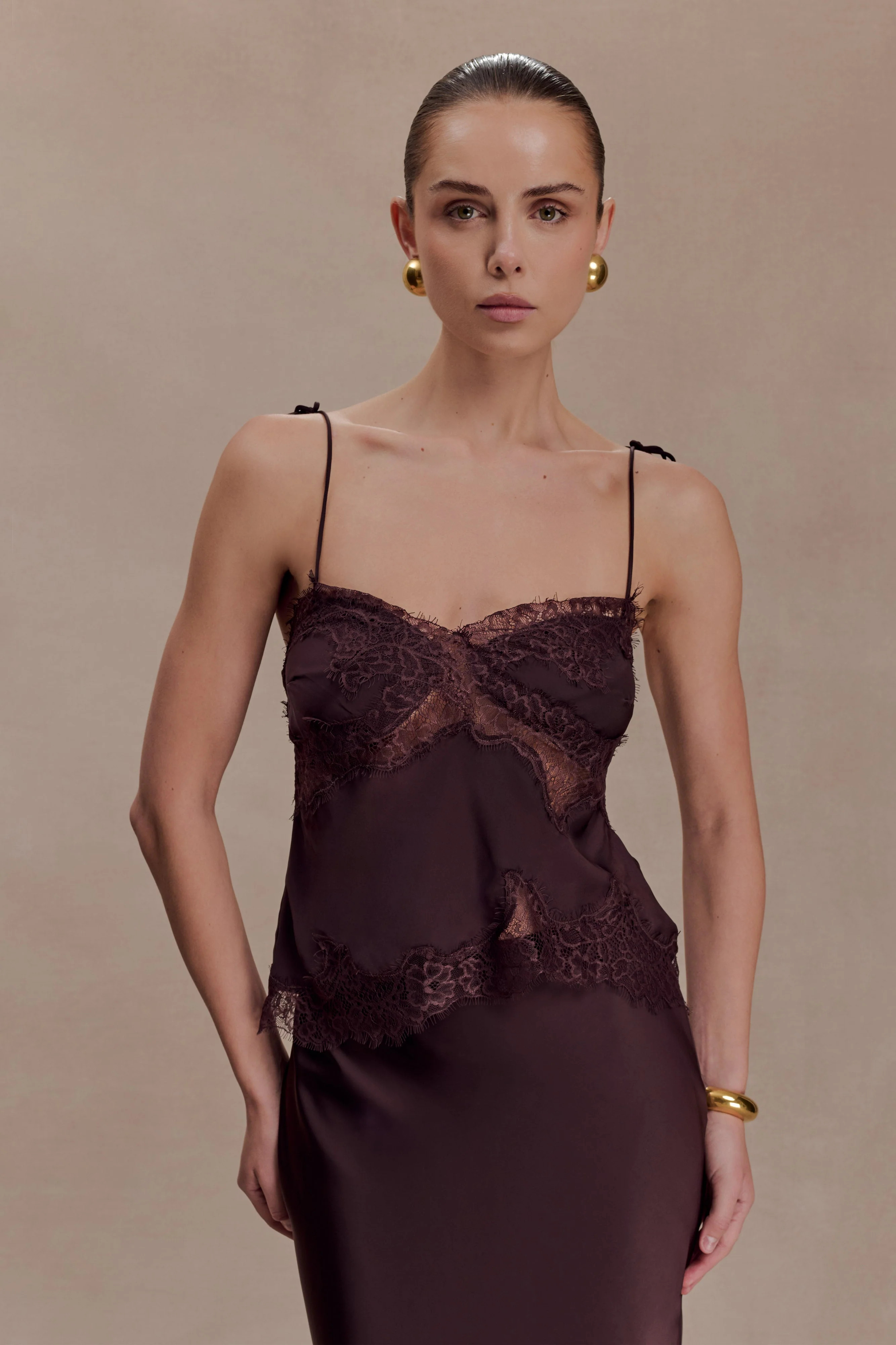 Nina Satin And Lace Camisole - Chocolate | Meshki UK