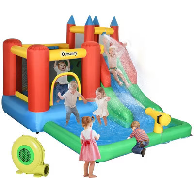 Outsunny 6-in-1 Kids Bounce House Inflatable Water Slide with Pool, Water Cannon, Climbing Wall, Jumping Castle Backyard Activity Outdoor | Target