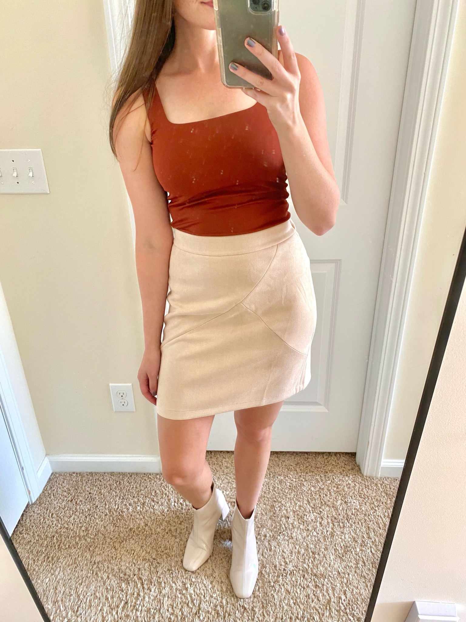 Super affordable finds from #kohls and #amazon 😊. 

I’m obsessed with this tank top - it’s super tight and stretchy (almost looks like a bodysuit). Very high quality and inexpensive! 

I’m wearing a small in everything. 

#orange #squareneck #tank #beige #skirt #fall #outfit #boots

#LTKunder50 #LTKsalealert #LTKstyletip