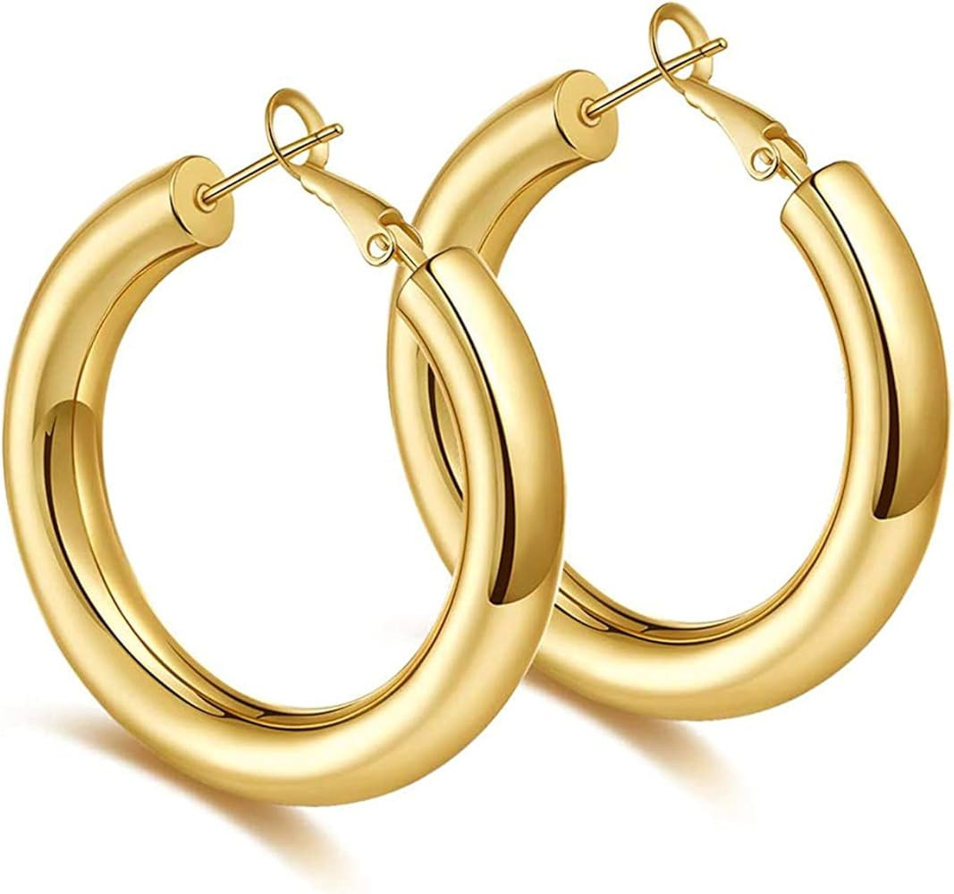 BMMYE 925 Sterling Silver Post Chunky Gold Hoop Earrings, 14K Gold Plated Earrings for Women Ligh... | Amazon (US)