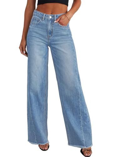 Sidefeel Women's Wide Leg Jeans High Waisted Stretchy Raw Hem Denim Pants Size 16 Light Blue | Amazon (US)