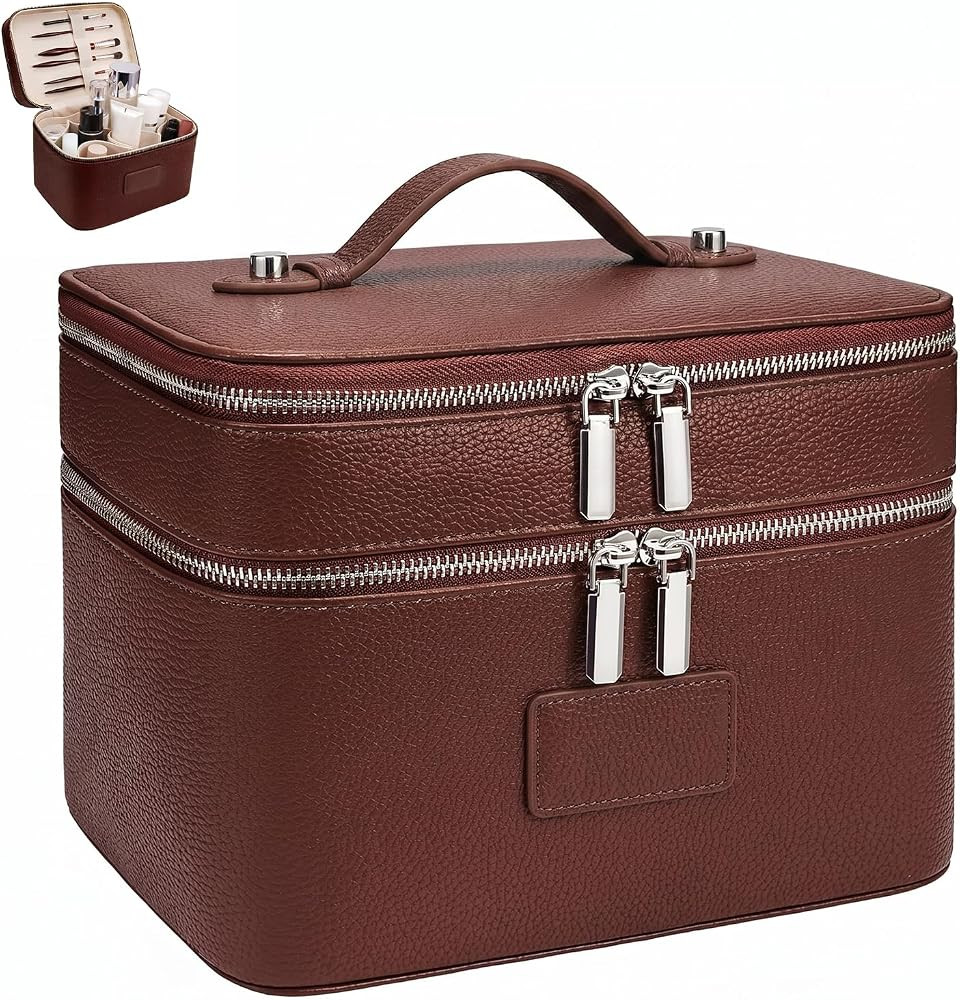 Makeup Case,Leather Double Layer Makeup Bag Duo,Large Portable Travel Toiletry Case Cosmetic Orga... | Amazon (US)