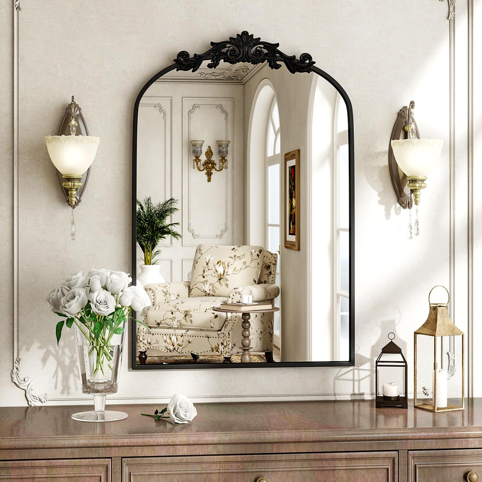BEAUTYPEAK 26x38 Arched Mirror, Black Traditional Vintage Ornate Baroque Wall Mirror for Bathroom... | Amazon (US)