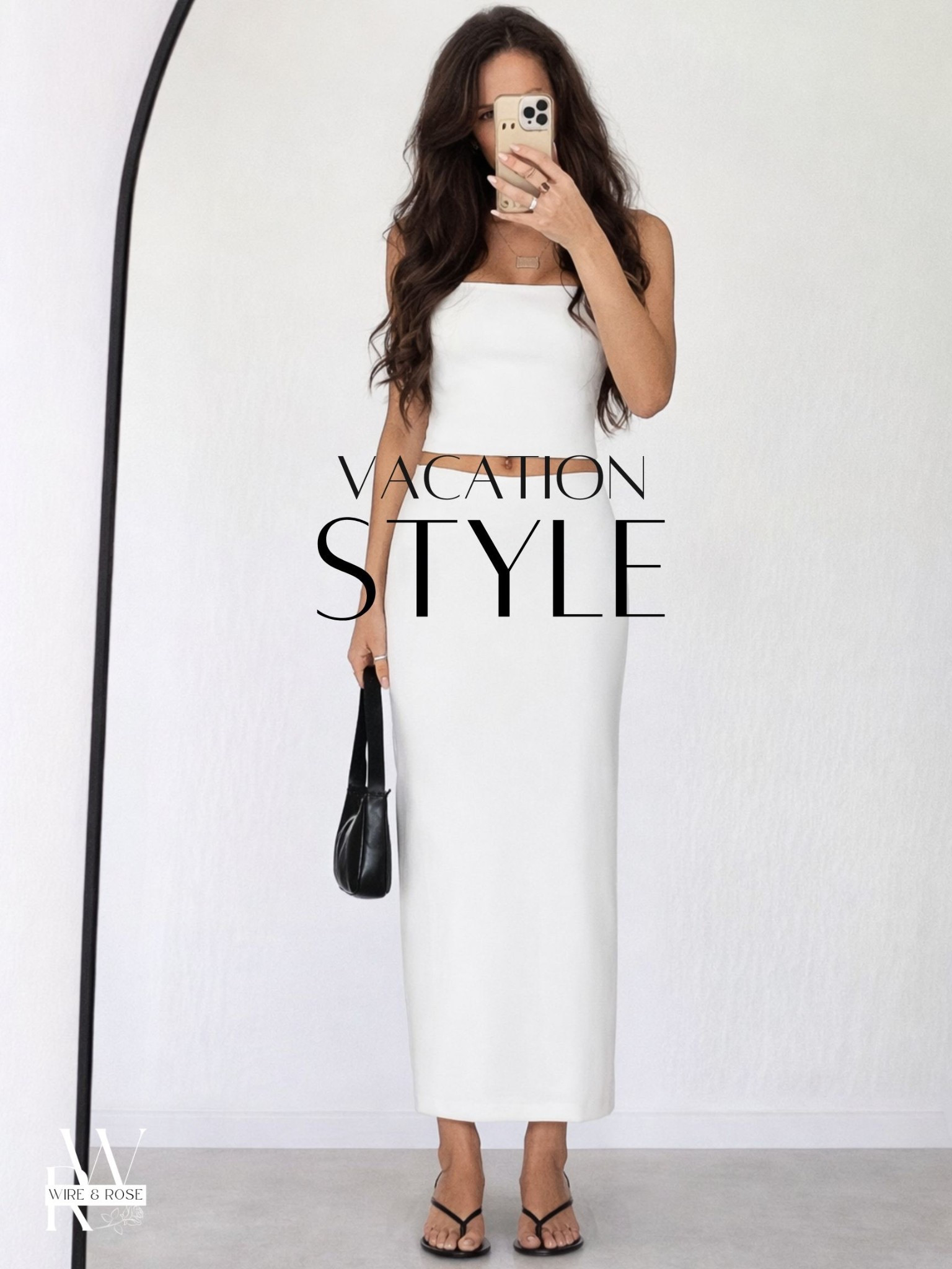 A sexy outfit to throw in your vacation bag for a date night or pair with sneakers and a baseball hat during the day. 

🏷️ tube top / midi skirt / matching set / vacation outfit / white skirt / white dress / 