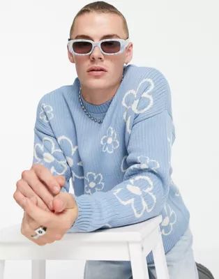 ASOS DESIGN oversized textured floral knit sweater in blue | ASOS (Global)