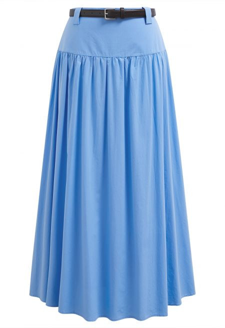 Solid High Waist Belted Cotton Maxi Skirt in Blue | Chicwish