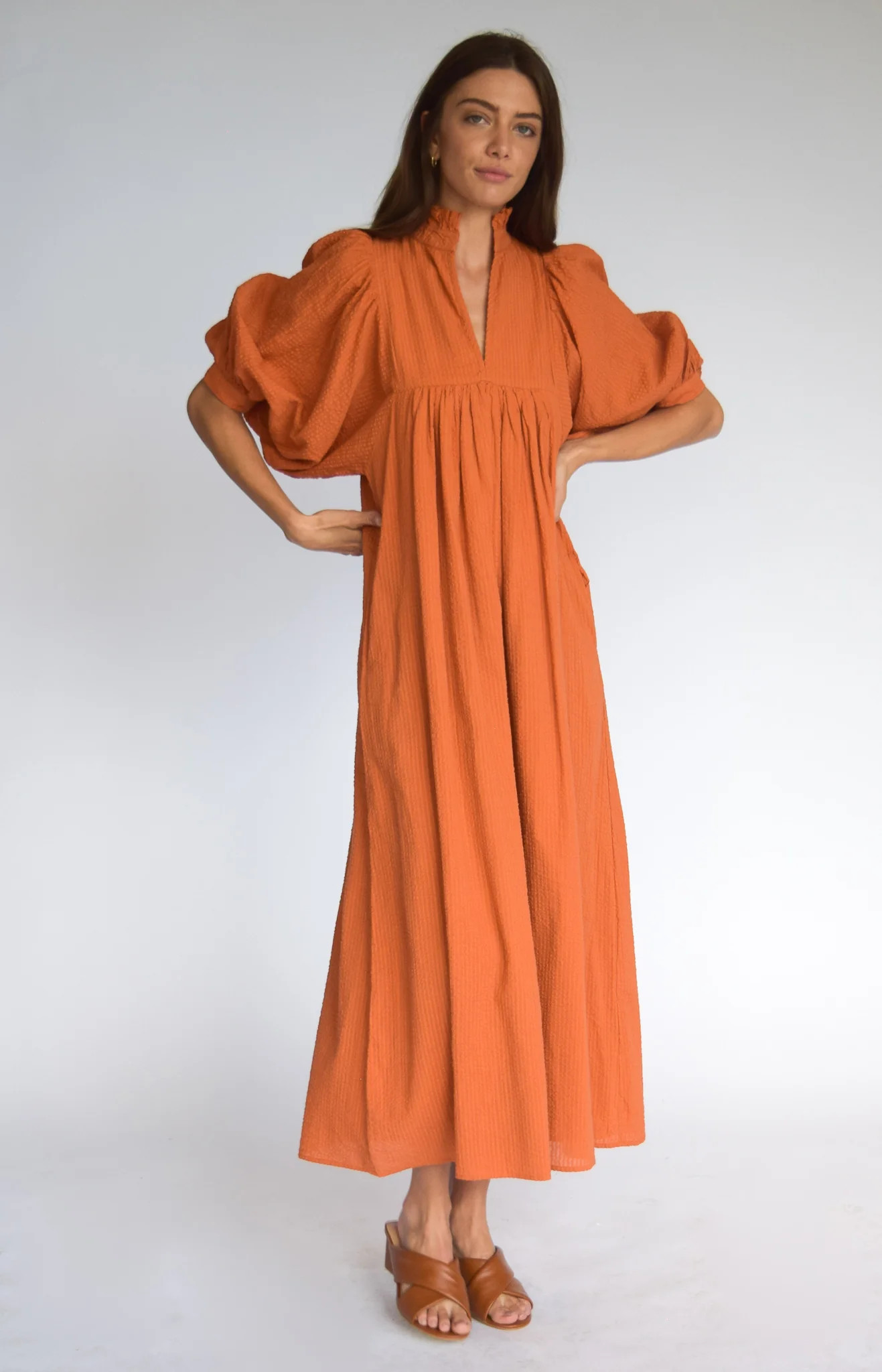 High Neck Midi Burnt Orange Seersucker | Never A Wallflower