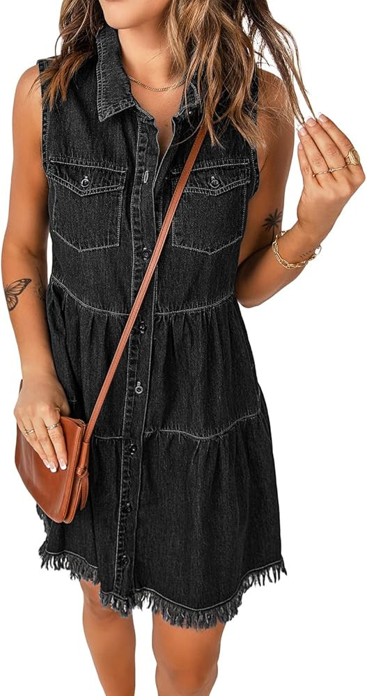 luvamia Women's Casual Summer Lapel Sleeveless Button Down Short Denim Jean Dress | Amazon (US)