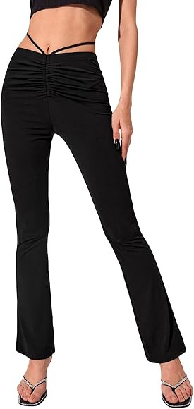 SheIn Women's High Waist Ruched Pants Cut Out Flared Leg Tie Back Trousers | Amazon (US)