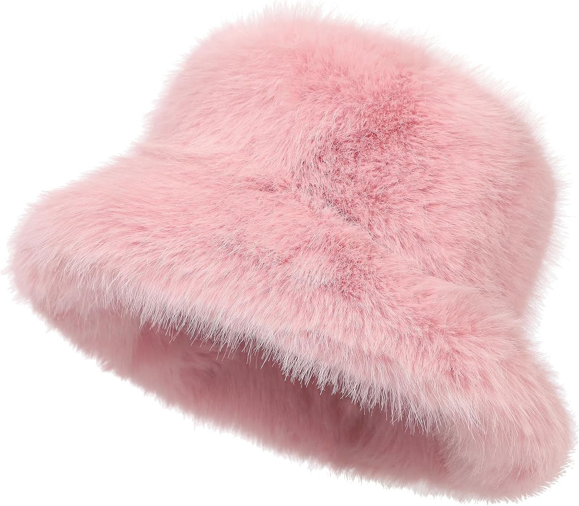 LA CARRIE Women's Fuzzy Wide Brim Faux Fur Bucket Hat Winter Warmer Fisherman Cap | Amazon (US)