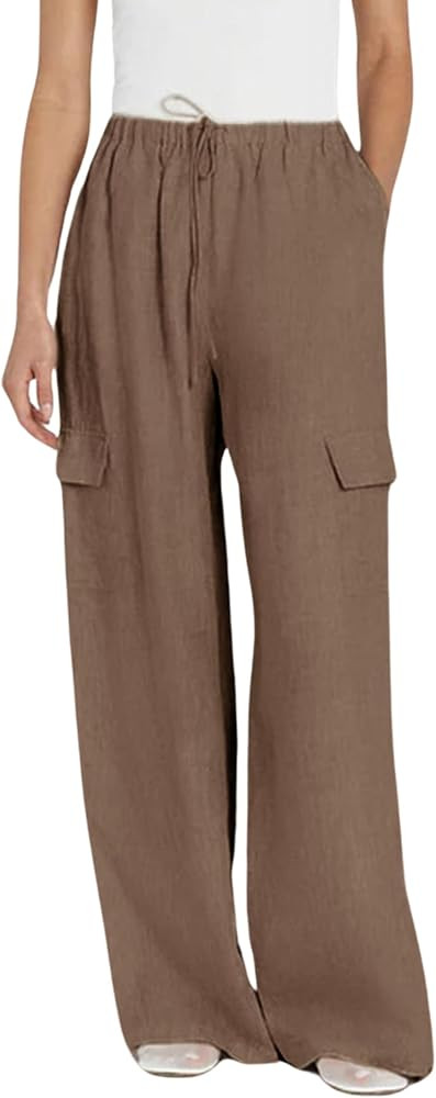 Xiaoxuemeng Womens Cotton Linen Wide Leg Pants Summer Elastic Waisted Beach Pants with Pockets | Amazon (US)
