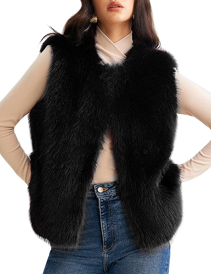 Flygo Faux Fur Vest Women Sleeveless Faux Fur Jacket Furry Open Front Cardigan Top Fluffy Winter ... | Amazon (US)
