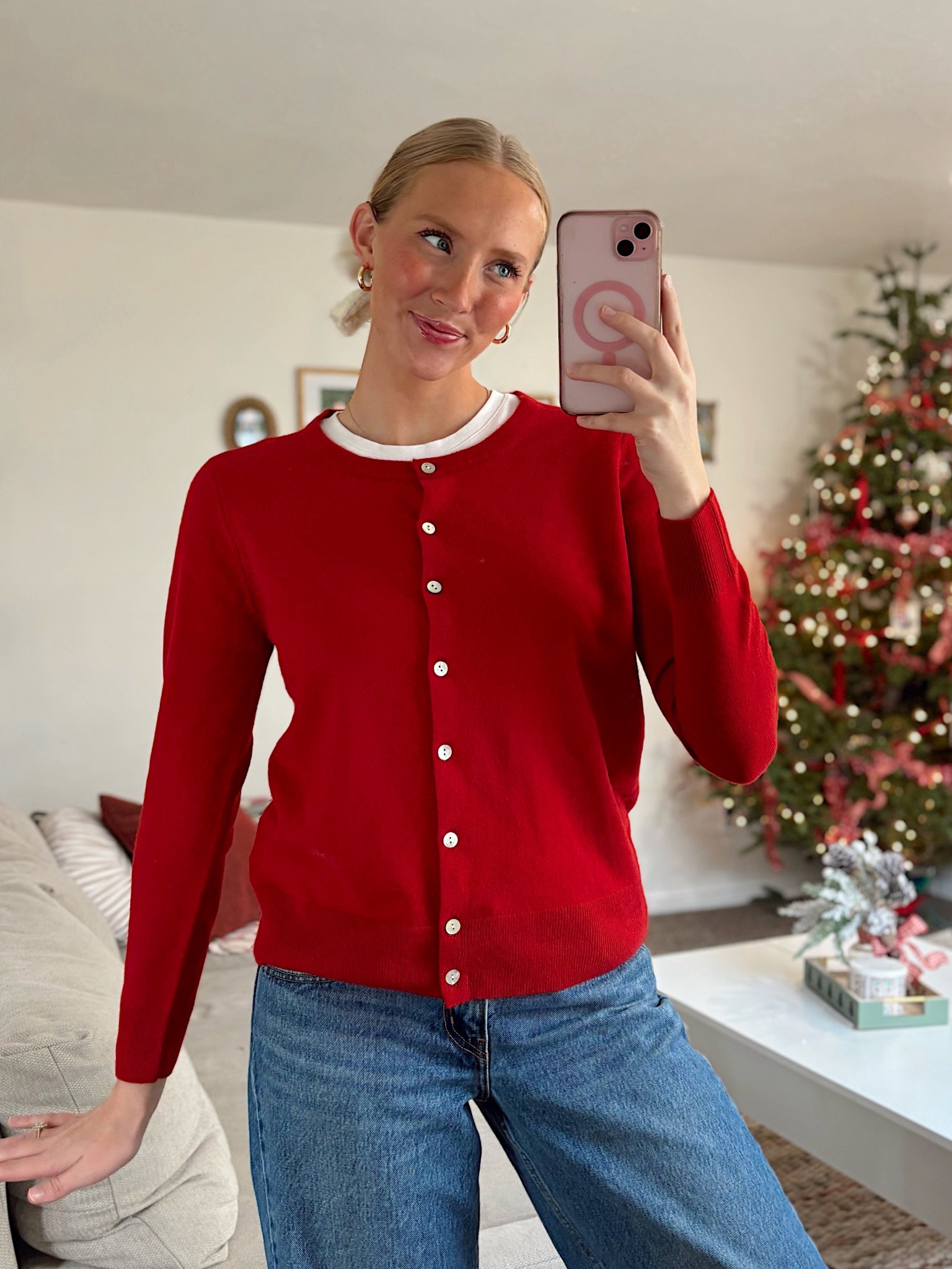 CUTEST RED CARDIGAN EVER !! ❤️ This cardigan is perfect for the holidays! It is so cute, flat tering, and cozy! Not to mention… I love this bold red color.  It is amazing quality, made from mongolian cashmere.  Trust me, it’s that good! 

#LTKGiftGuide #LTKHoliday #LTKootd