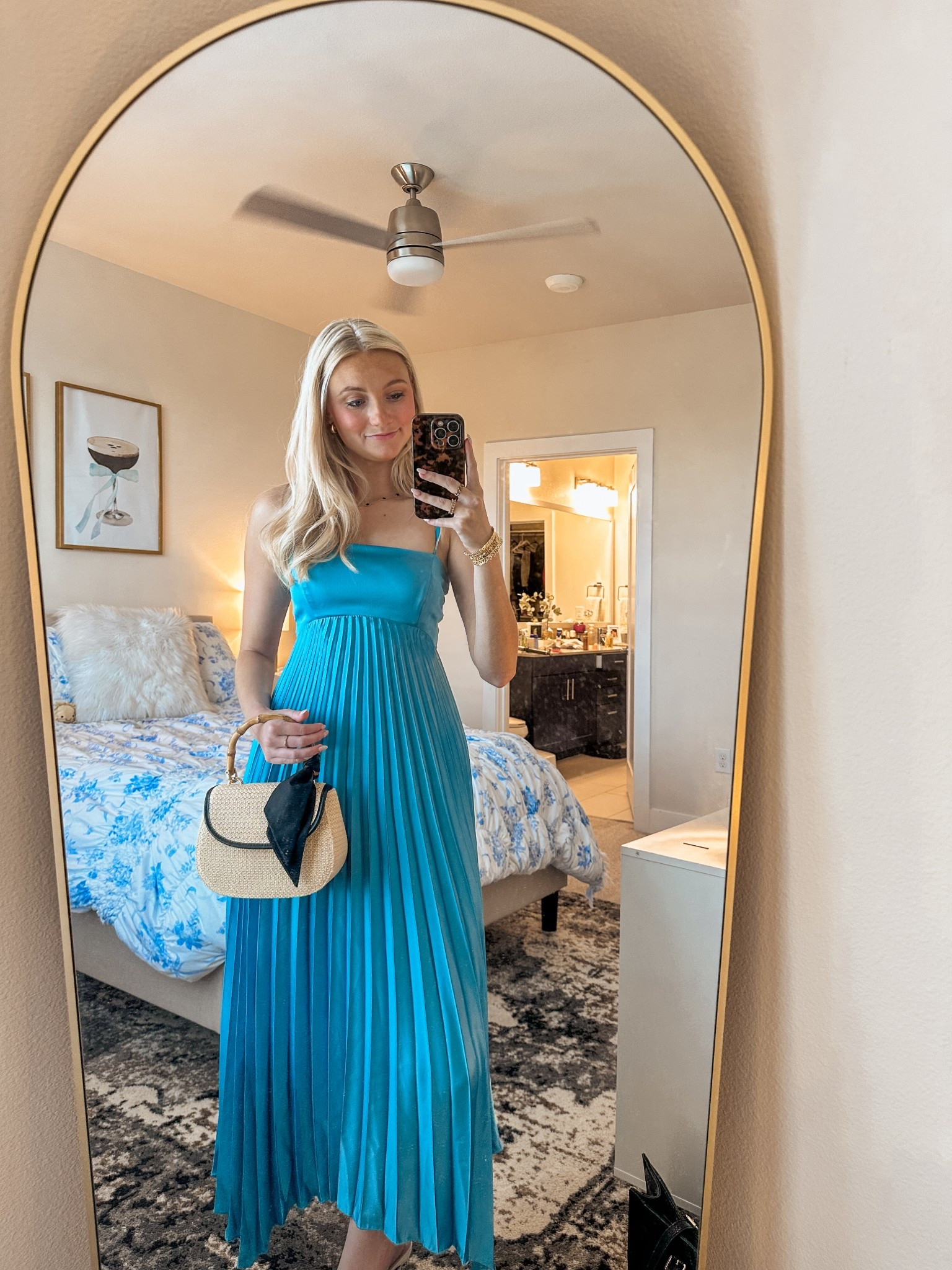 Wedding guest inspo 💙 This pleated strapless dress is a summer dream — comfy, flattering, and twirl-approved! Paired it with my favorite straw bag and gold jewelry for an effortless, elevated look. Perfect for weddings, beach dinners, or summer date nights! 

#LTKFindsUnder100 #LTKStyleTip