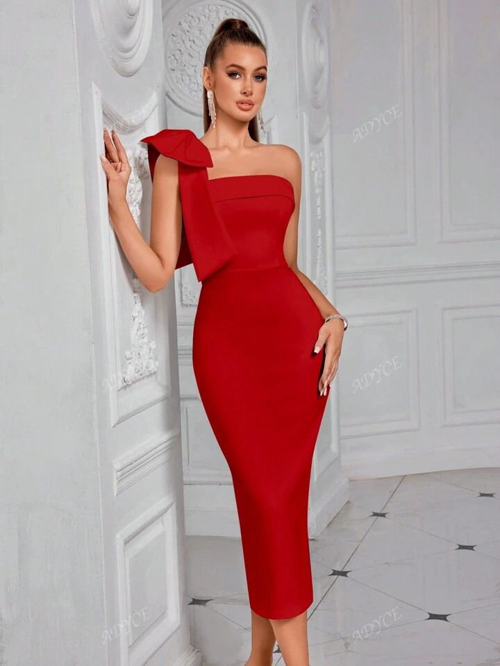 ADYCE ADYCE One Shoulder Solid Color Bowknot Decor Strapless Slit Backless Midi Cocktail Party Pr... | SHEIN