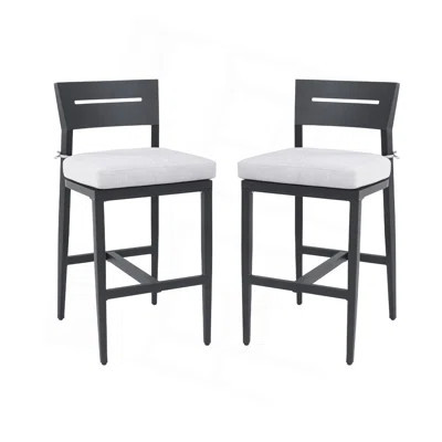 Modern Outdoor 2PC Bar Stools, Aluminum Patio Bar Chair With Ergonomic Backrest, Tapered Legs, Footrest, Ember Black, Sunbrella Cushion, Weather-Resis | Wayfair North America