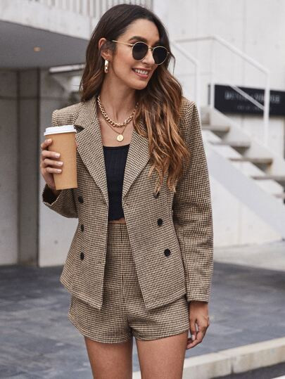 SHEIN Unity Double Button Houndstooth Blazer & Shorts Set | SHEIN
