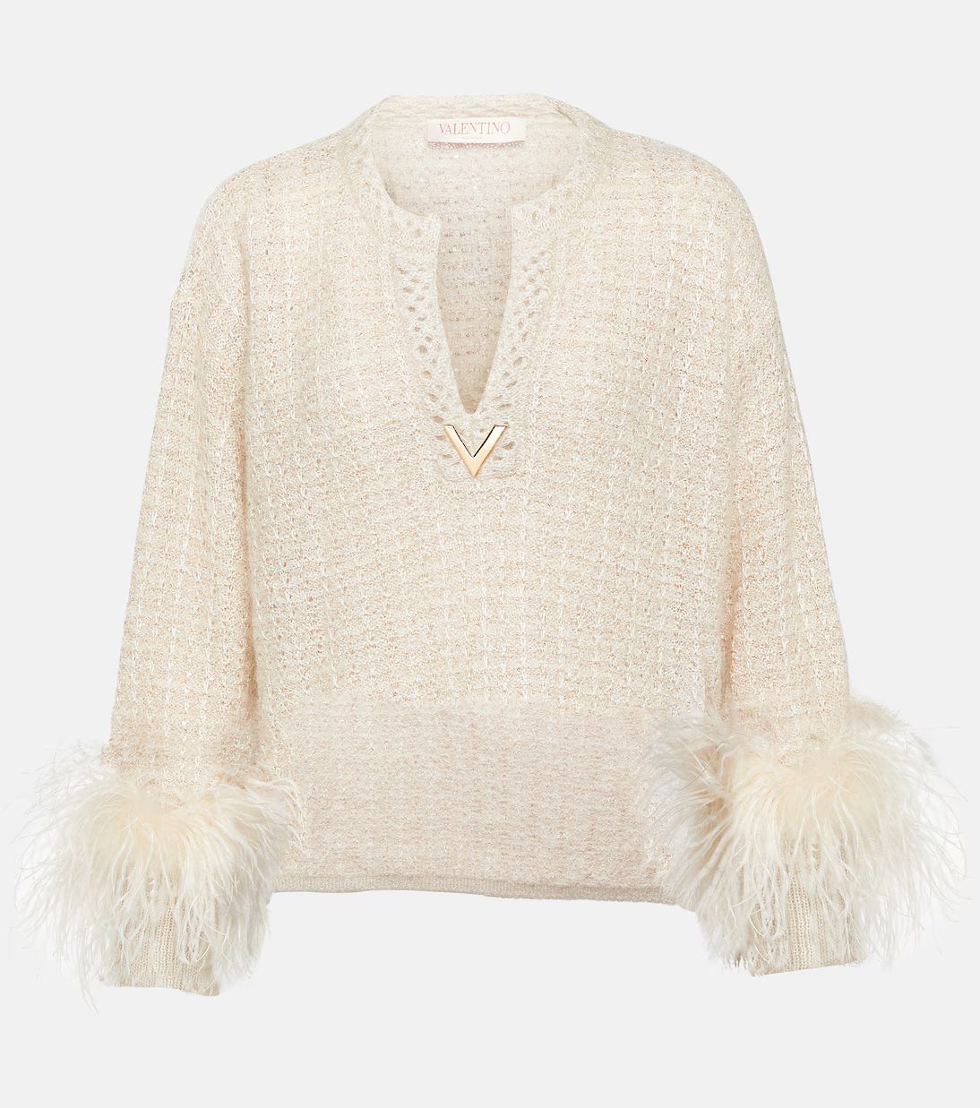 VGold feather-trimmed lamé sweater | Mytheresa (US/CA)