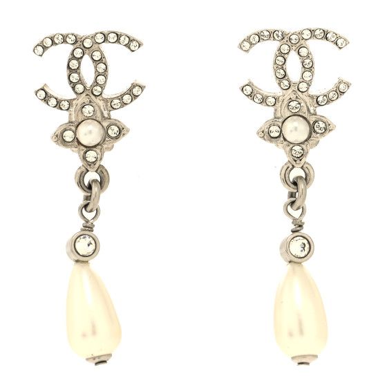 Crystal Pearl Flower CC Drop Earrings Silver | FASHIONPHILE (US)