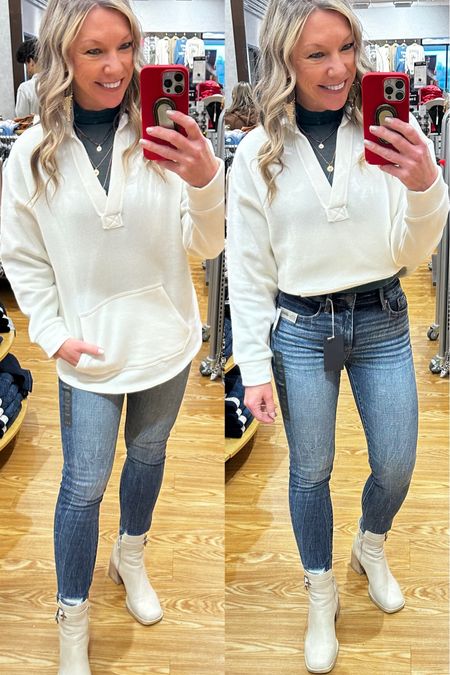 Buckle black fit 93 ankle skinny jeans. These are a “curvy fit” jean so I sized down to 24 but have another post shown wearing the same jeans in my regular size 25. White crow pullover, bra tucked on right with free people dot layering mesh top. Small tops  

#LTKSeasonal #LTKGiftGuide #LTKHoliday