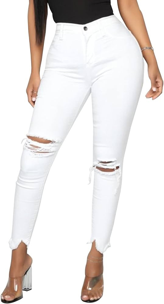 LONGYIDA Women's High Rise Ripped Skinny Jeans Stretch Slim Fit Distressed Destroyed Denim Ankle ... | Amazon (US)
