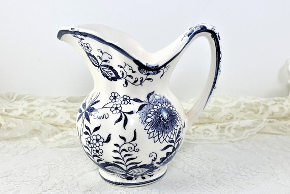 Small 5" Blue & White Pitcher, Large Creamer Blue Florals Blue Onion Style Country Kitchen Decor,... | Etsy (US)