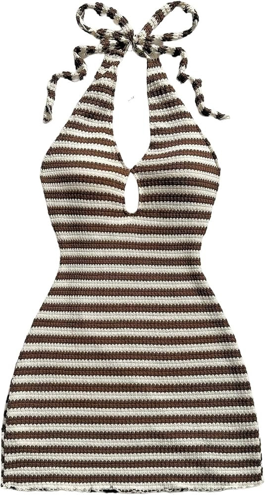 Verdusa Women's Striped Tie Backless Bodycon Halter Dress Cut Out Mini Dresses Brunch Outfits | Amazon (US)