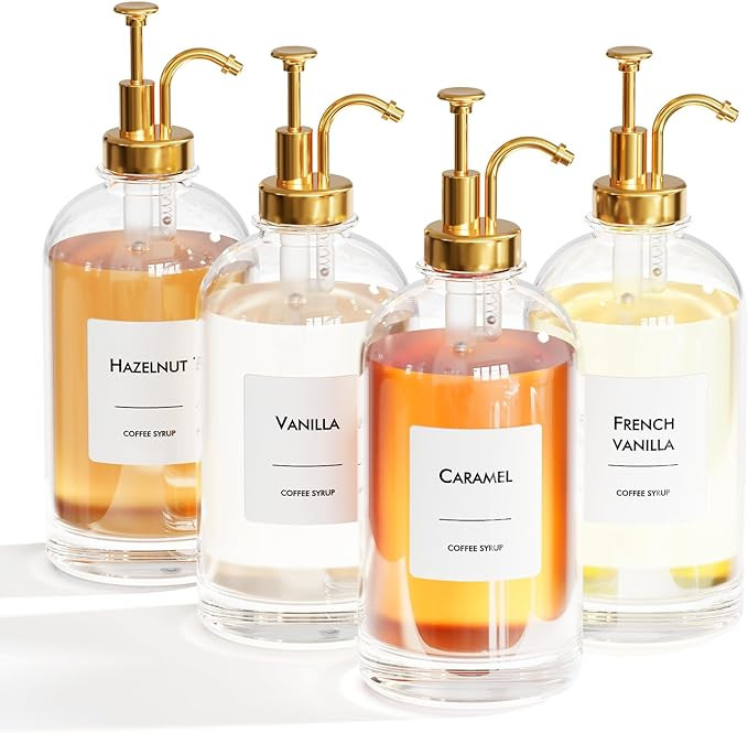 Coffee Syrup Dispenser Set- 4 Glass Bottles with Gold Pumper and Syrup Labels - Precise Dispensin... | Amazon (US)