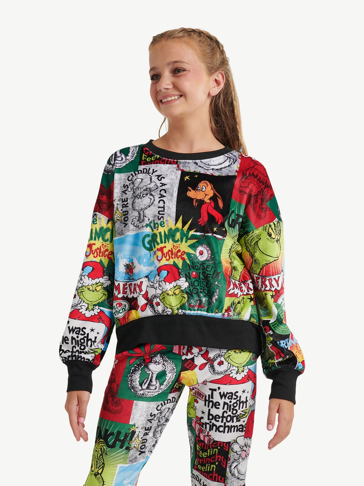 Justice Girls Grinch Printed Velour Sweatshirt, Sizes XS-XL & Plus | Walmart (US)