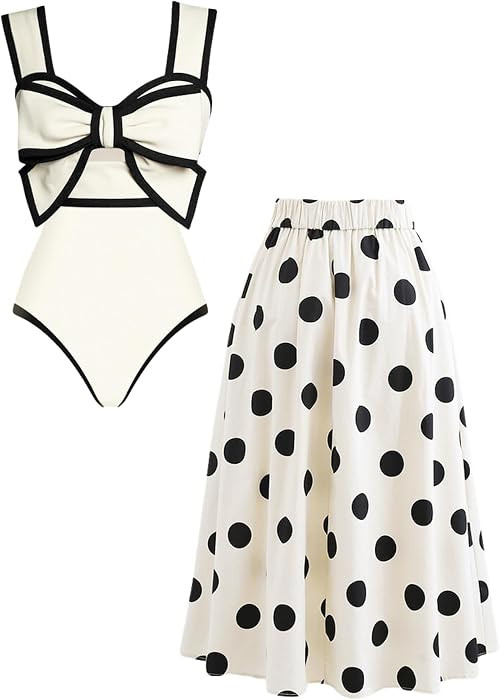 Black and White Swimsuit Bow-tie Decor Women's Polka dot Print Skirt One Piece Bathing Suit with ... | Amazon (US)