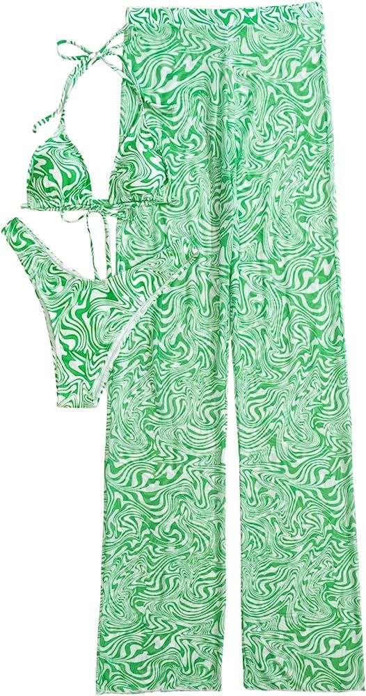 SOLY HUX Women's Printed Halter Bikini Bathing Suits with Cover Up Pants 3 Piece Swimsuits | Amazon (US)