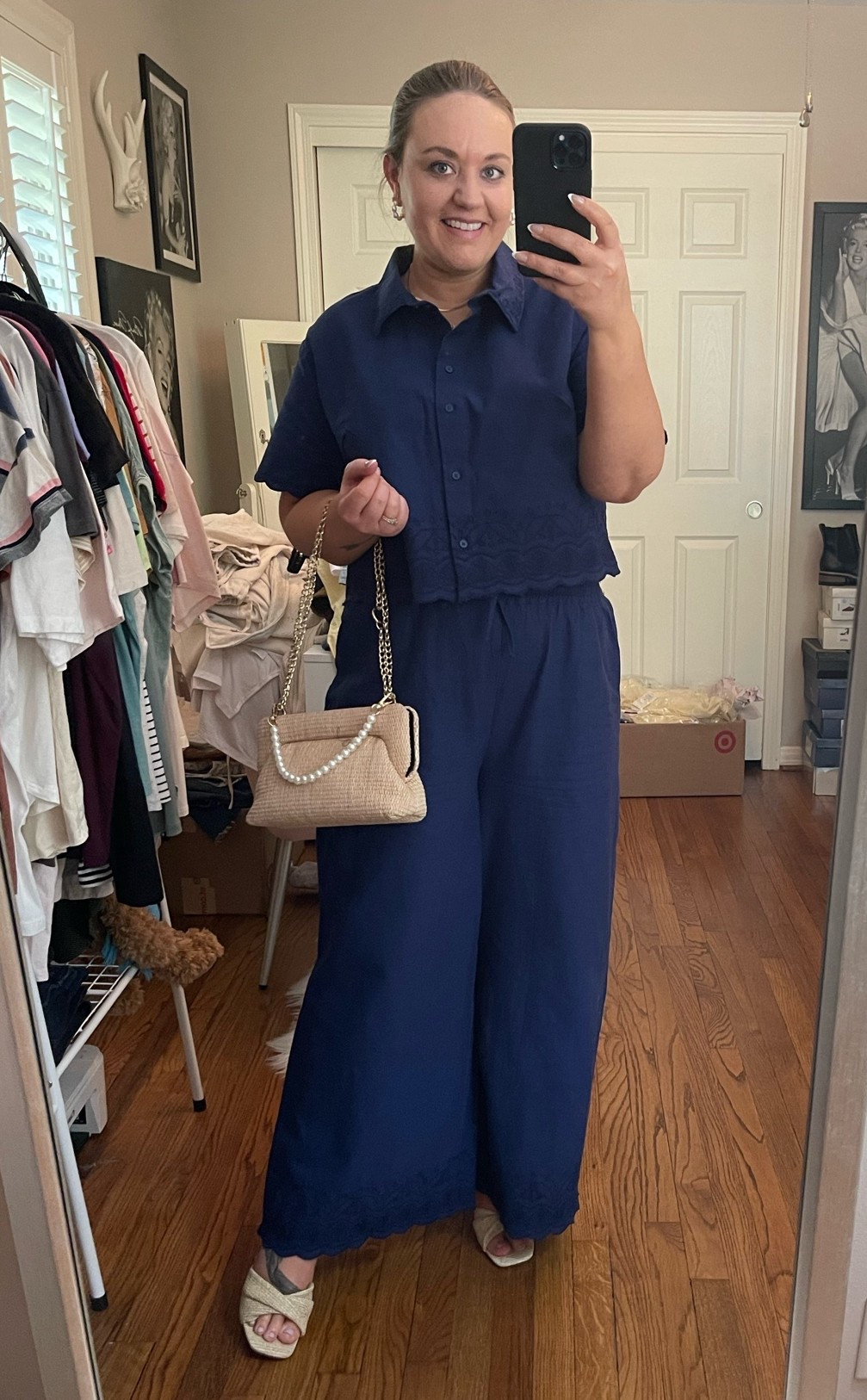 Navy matching set, wedge sandals, spring sandals, straw handbag, spring outfit, spring style, matching pant set, target style, target outfit

#LTKMidsize #LTKWorkwear #LTKBump