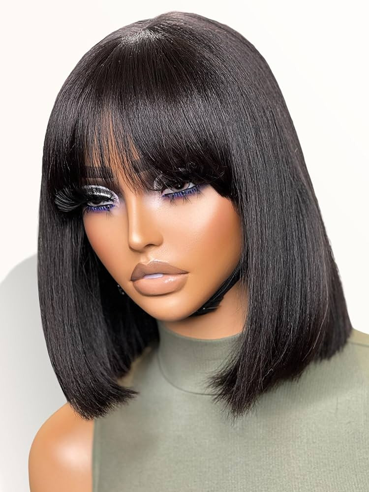 LUVME HAIR 10 Inch Light Yaki Straight Bob Wig with Bangs Human Hair Realistic HD Lace Short Blac... | Amazon (US)
