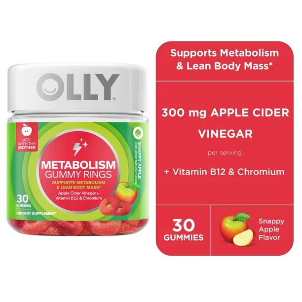 OLLY Metabolism Gummy Rings, Apple Cider Vinegar, Vitamin B12, Chromium, Apple Flavor, 30 Ct | Walmart (US)