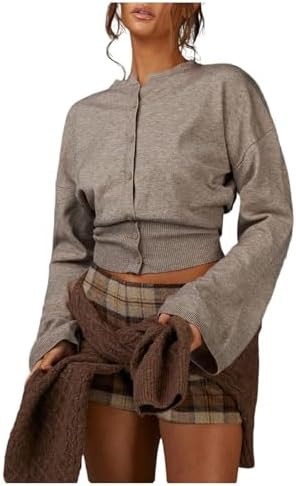 Women's Cropped Cardigan 2025 Long Sleeve Button Down Knit Tight Hem Lightweight Sweater Streetwe... | Amazon (US)