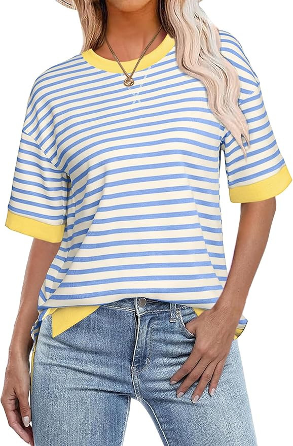 Glamaker Short Sleeve Lightweight Sweatshirt For Women Crewneck Striped Shirt Pullover Tops Loose... | Amazon (US)