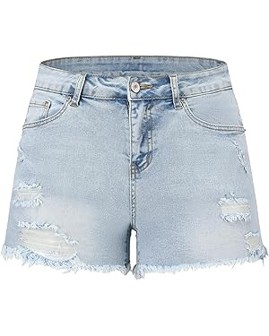 THUNDER STAR Women Mid Rise Ripped Stretchy Jeans Shorts Frayed Raw Hem Casual Denim Shorts | Amazon (US)
